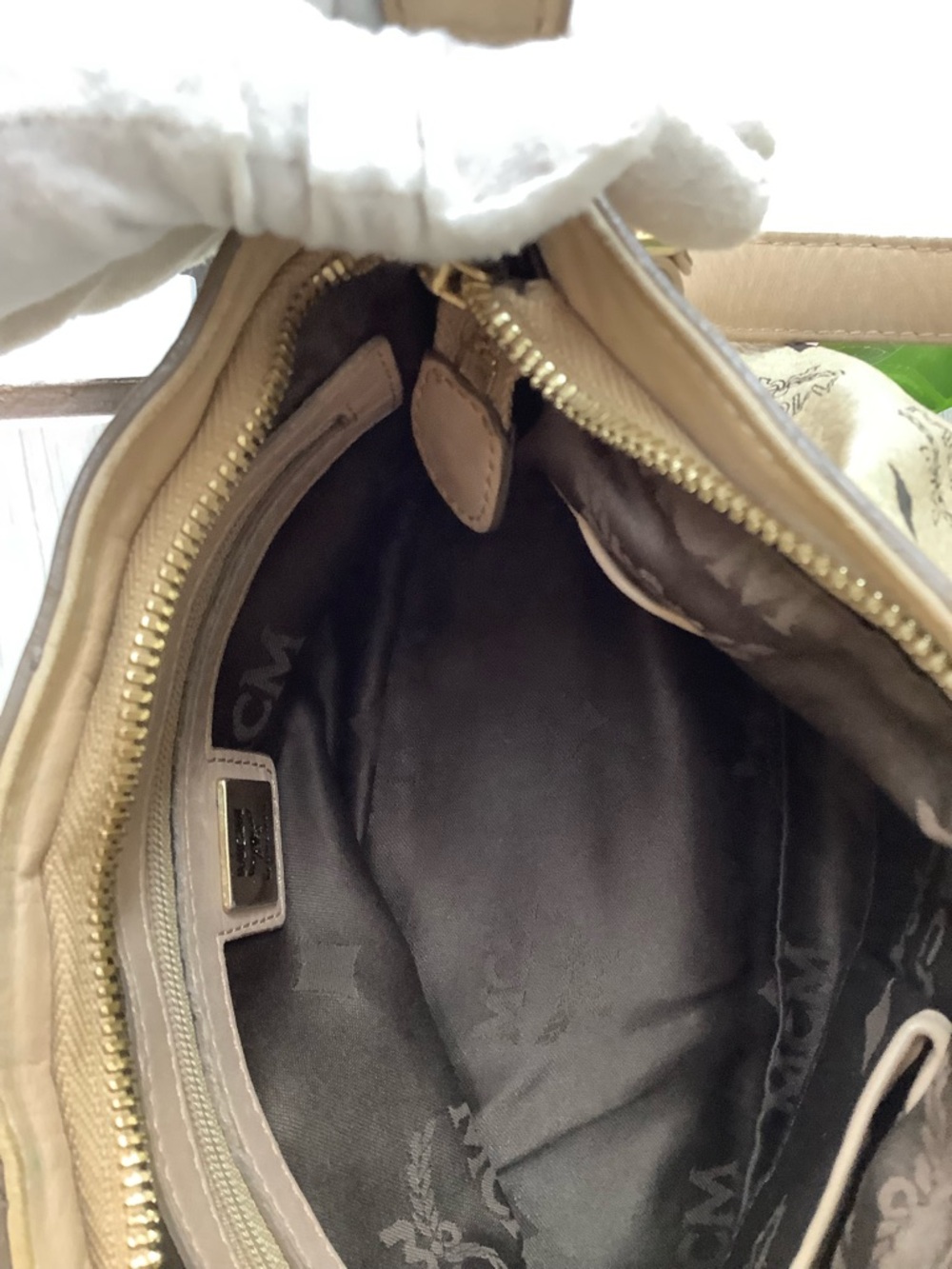 MCM Beige Monogram Signature Coated Canvas Shoulder Bag with Gold Plaque - Picture 6 of 9
